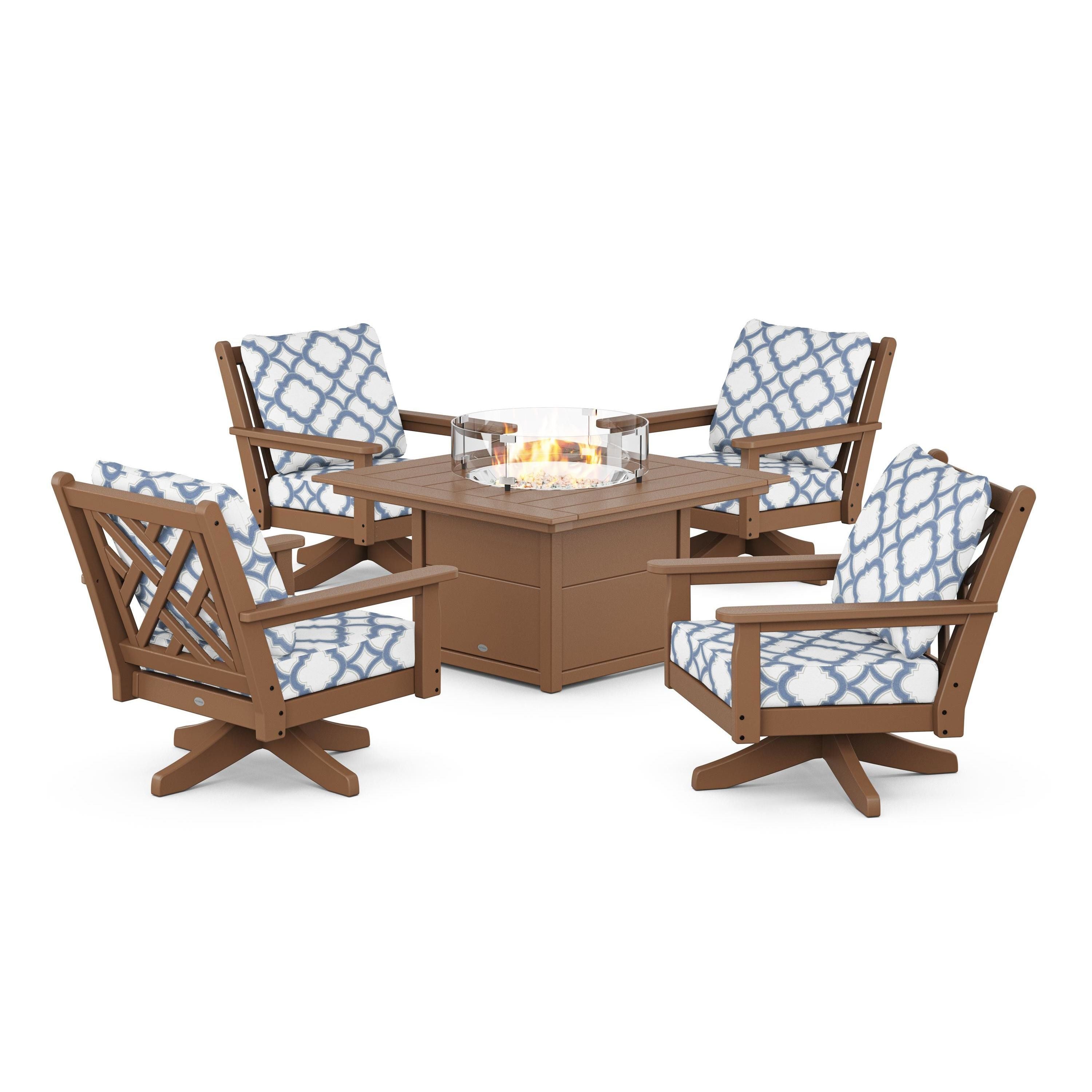 Chippendale 5-Piece Deep Seating Swivel Conversation Set with Fire Pit Table