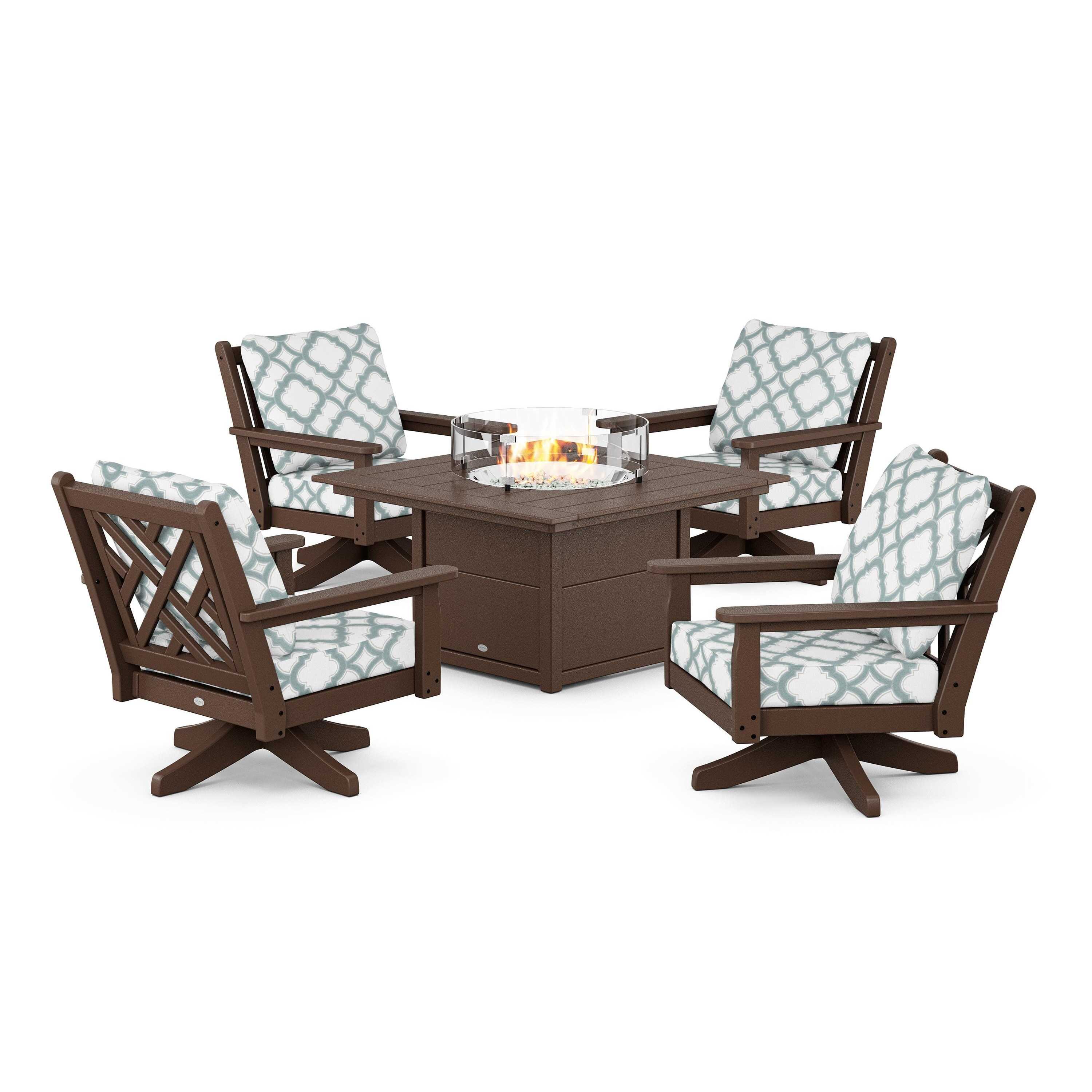 Chippendale 5-Piece Deep Seating Swivel Conversation Set with Fire Pit Table