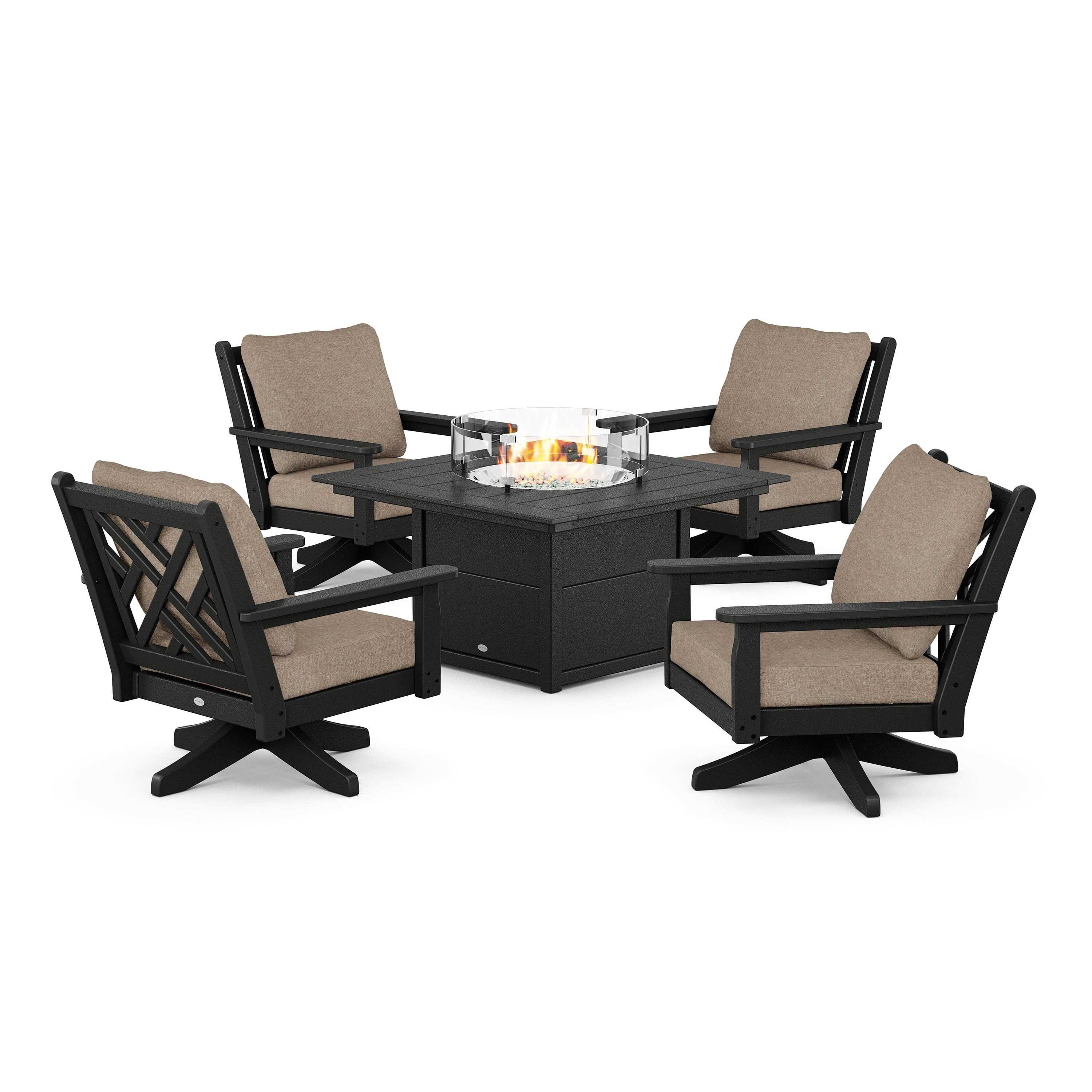 Chippendale 5-Piece Deep Seating Swivel Conversation Set with Fire Pit Table