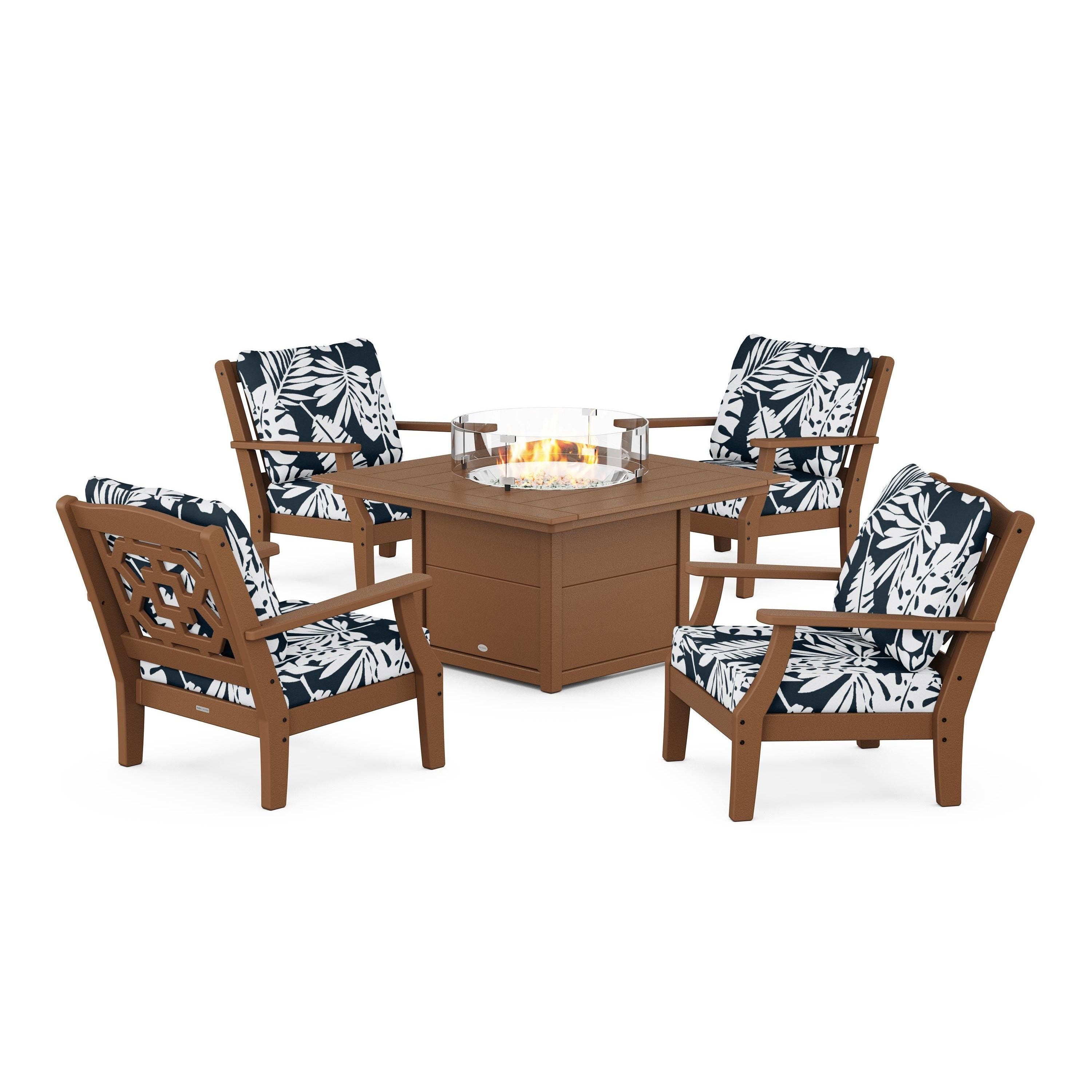 Chinoiserie 5-Piece Deep Seating Set with Fire Pit Table