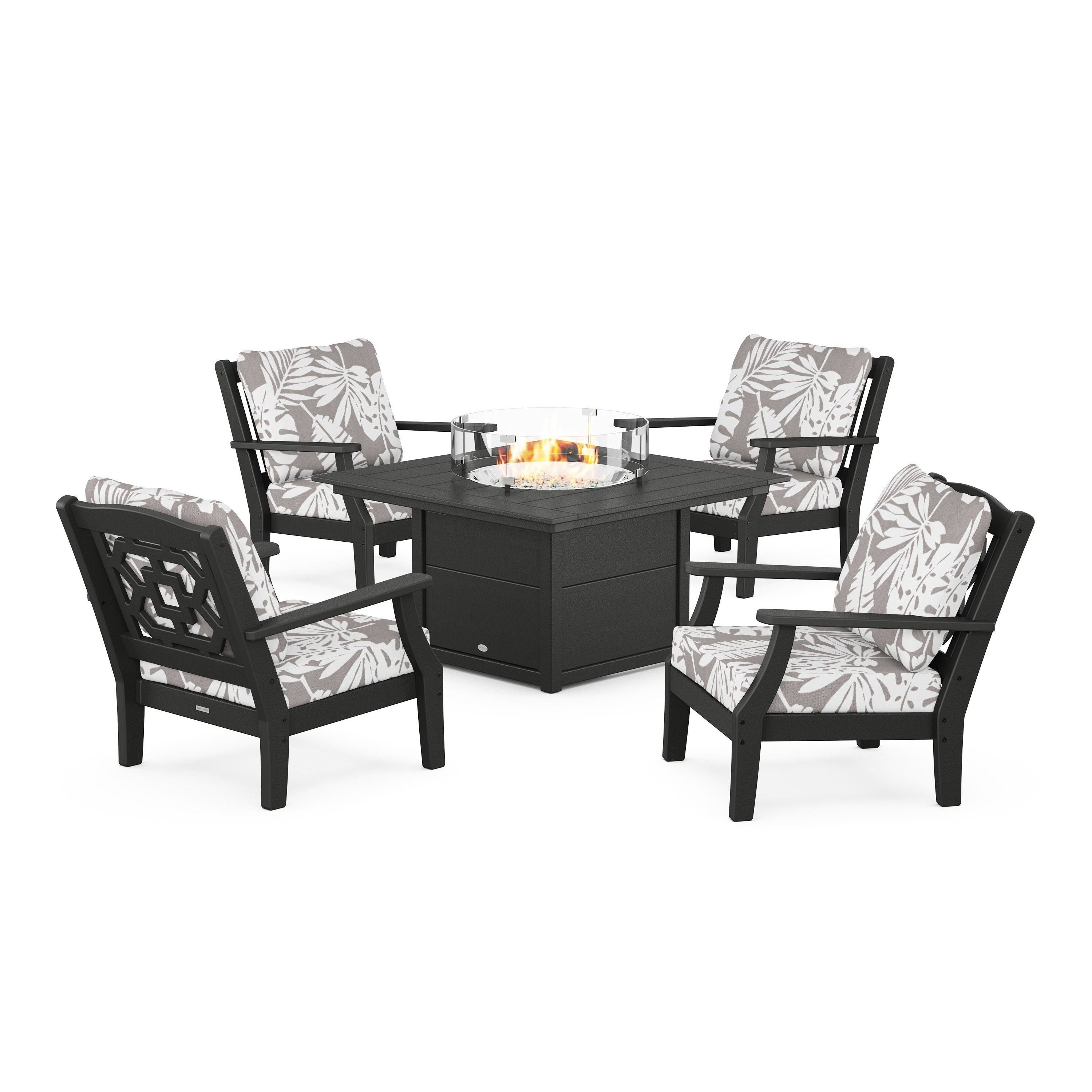 Chinoiserie 5-Piece Deep Seating Set with Fire Pit Table