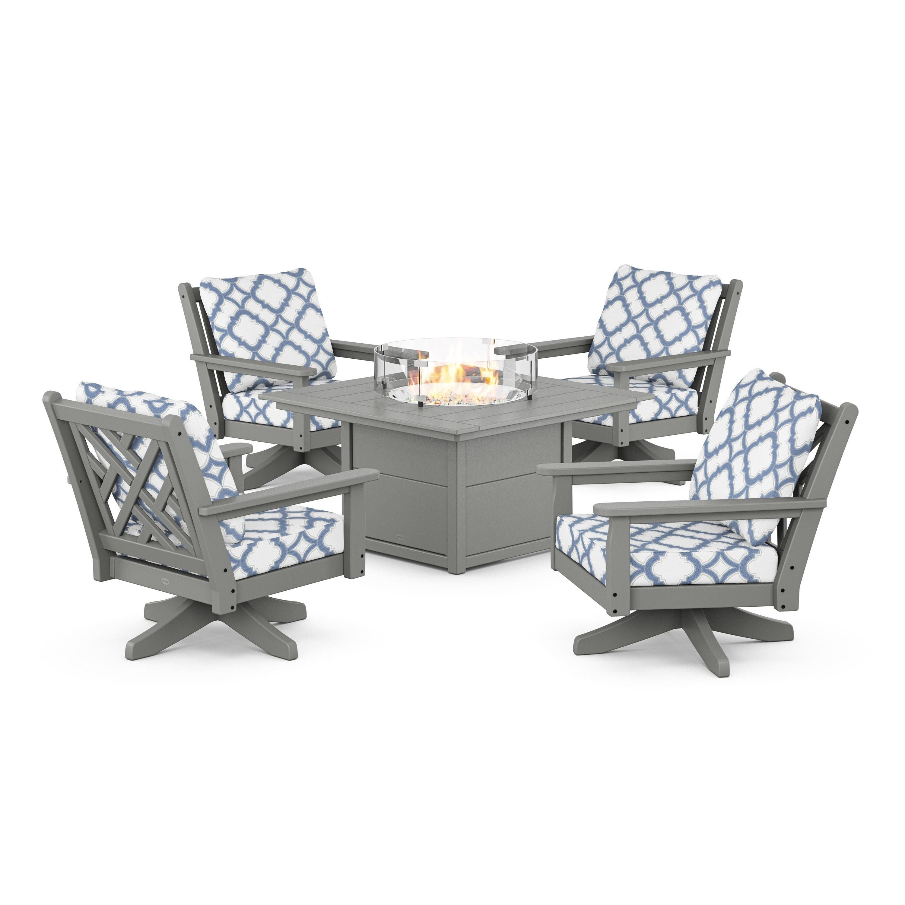Chippendale 5-Piece Deep Seating Swivel Conversation Set with Fire Pit Table