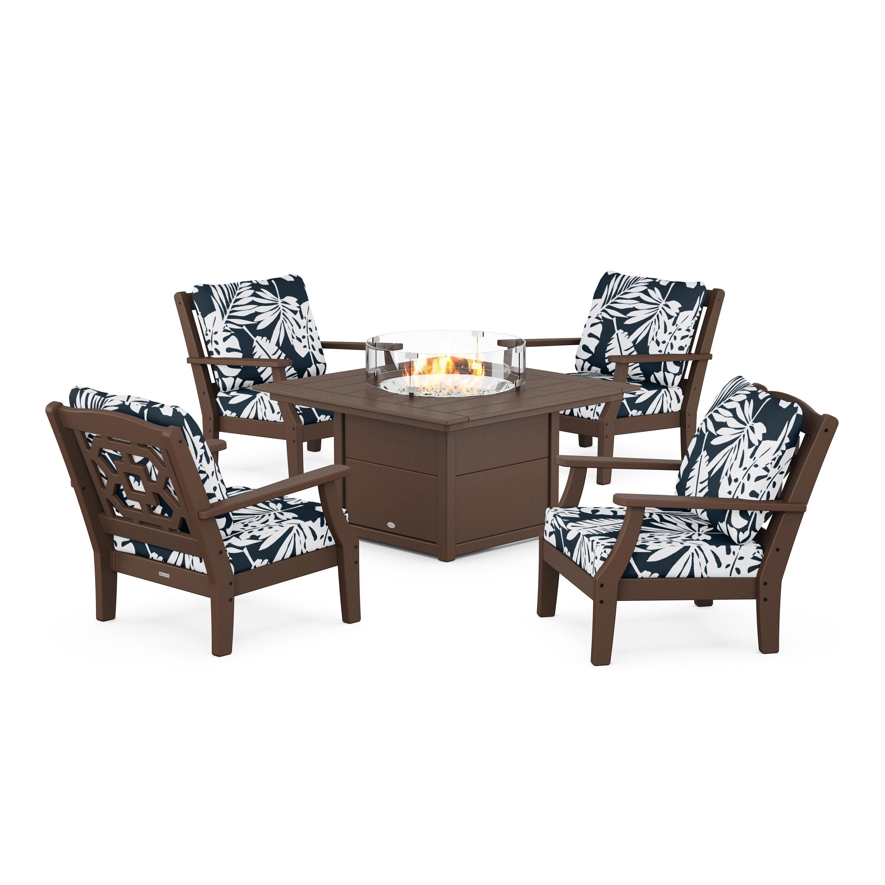 Chinoiserie 5-Piece Deep Seating Set with Fire Pit Table