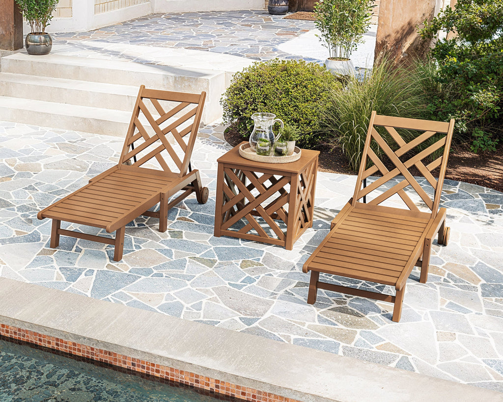 Chippendale 3-Piece Chaise Set with Wheels and Umbrella Stand Accent Table