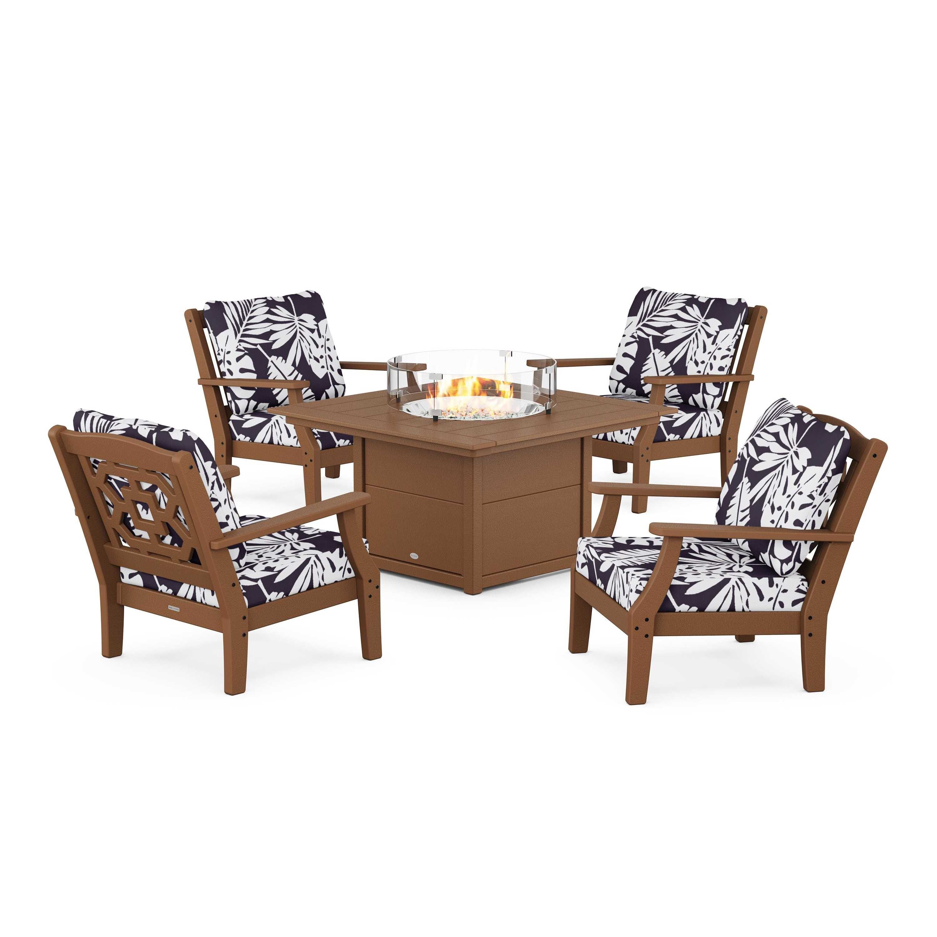 Chinoiserie 5-Piece Deep Seating Set with Fire Pit Table