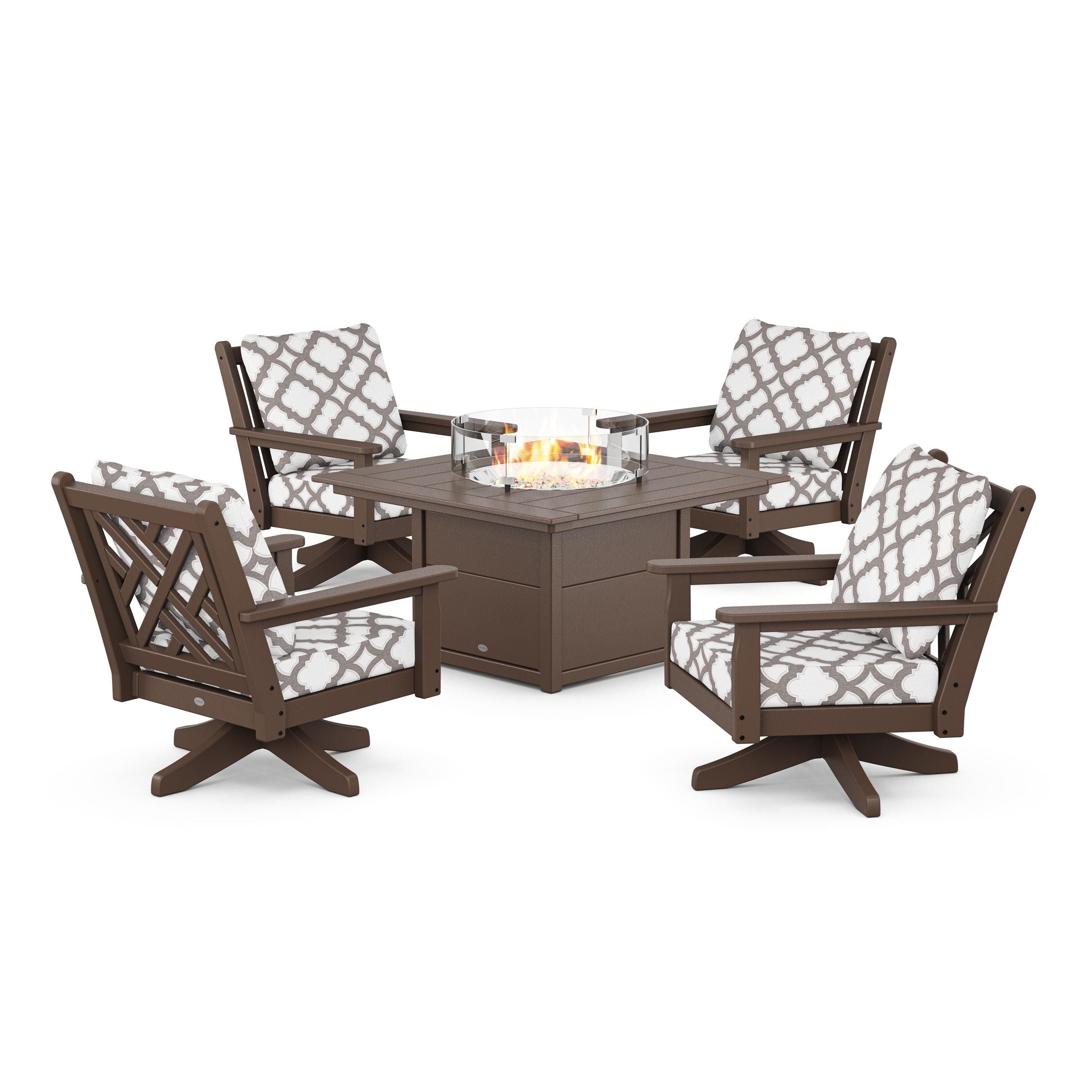 Chippendale 5-Piece Deep Seating Swivel Conversation Set with Fire Pit Table