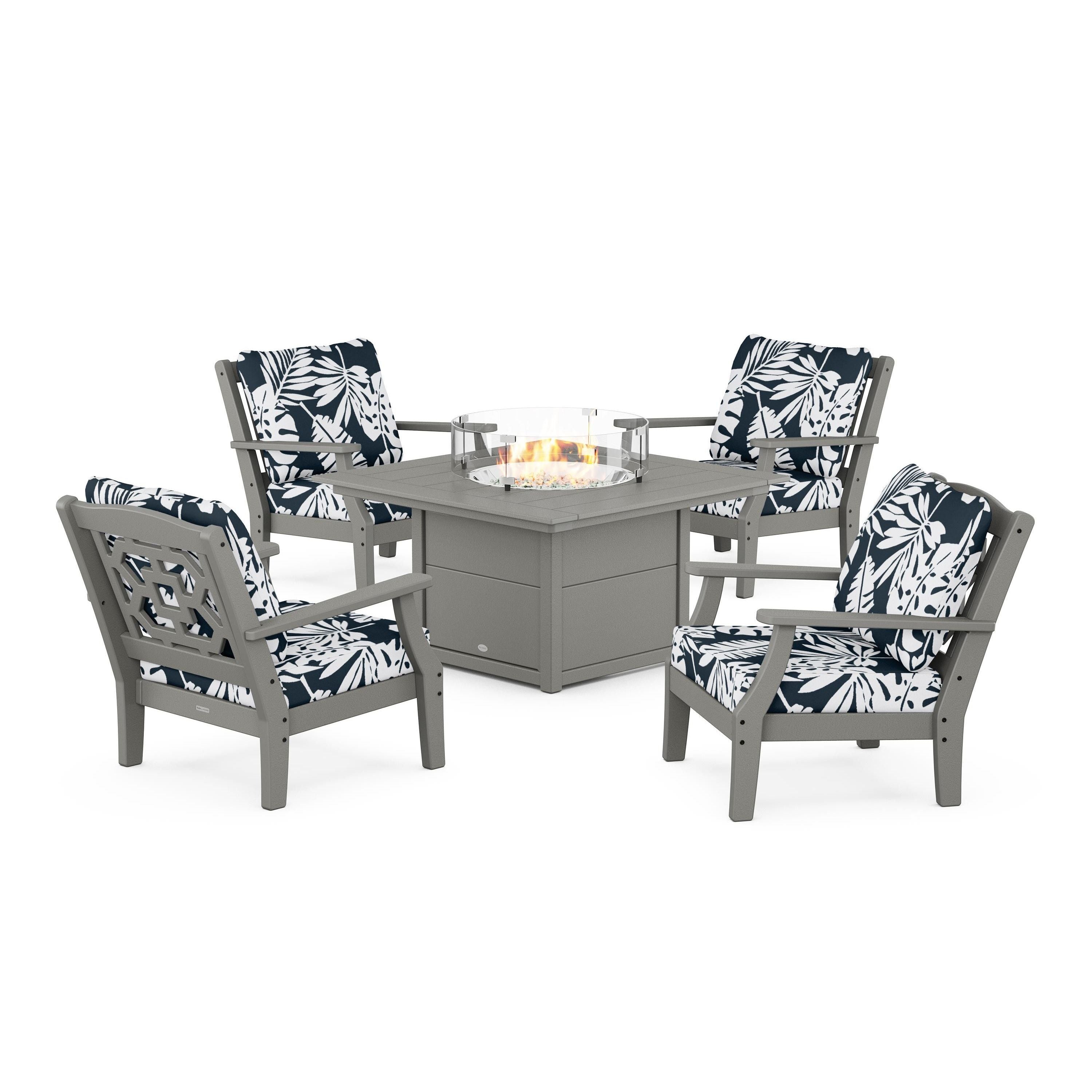 Chinoiserie 5-Piece Deep Seating Set with Fire Pit Table