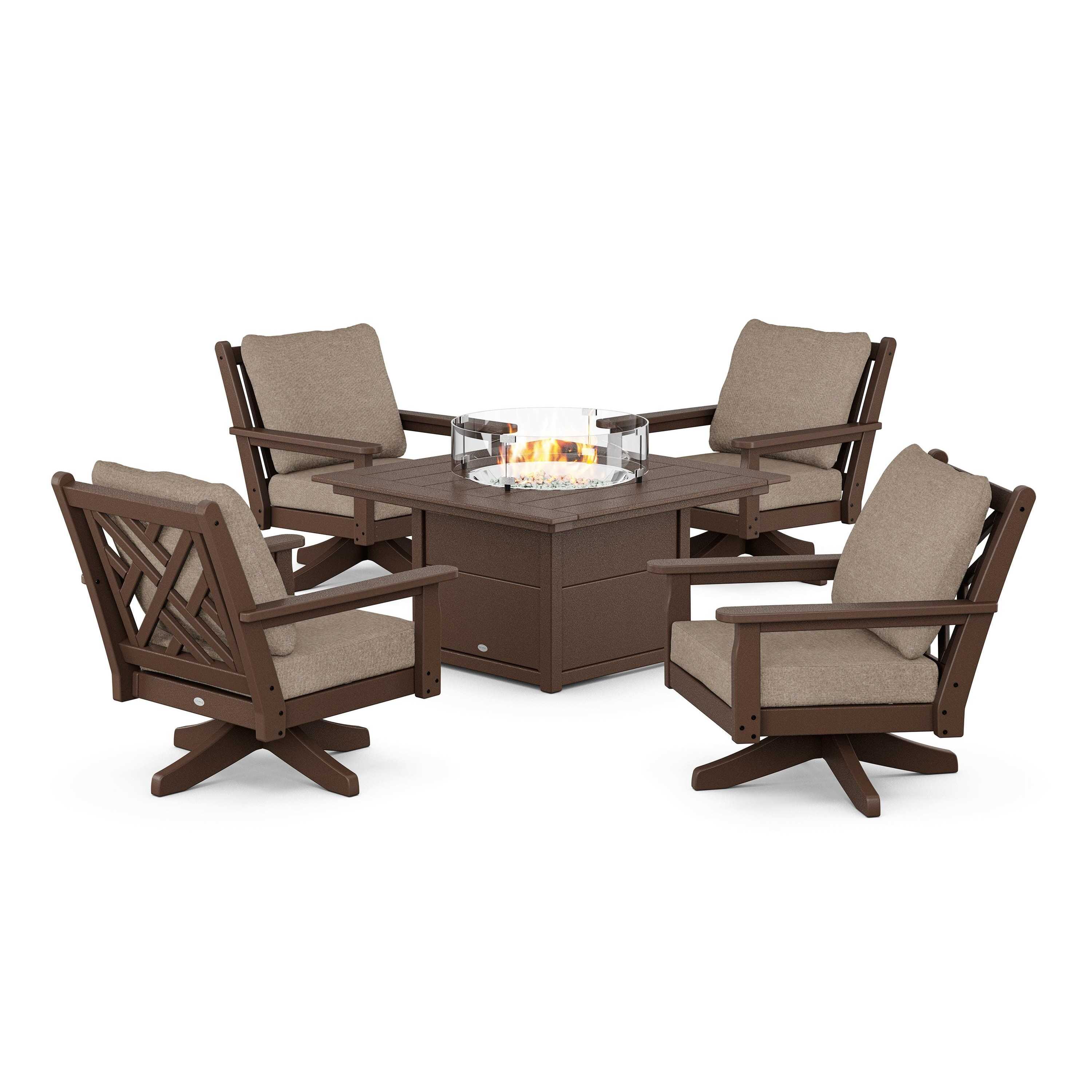 Chippendale 5-Piece Deep Seating Swivel Conversation Set with Fire Pit Table