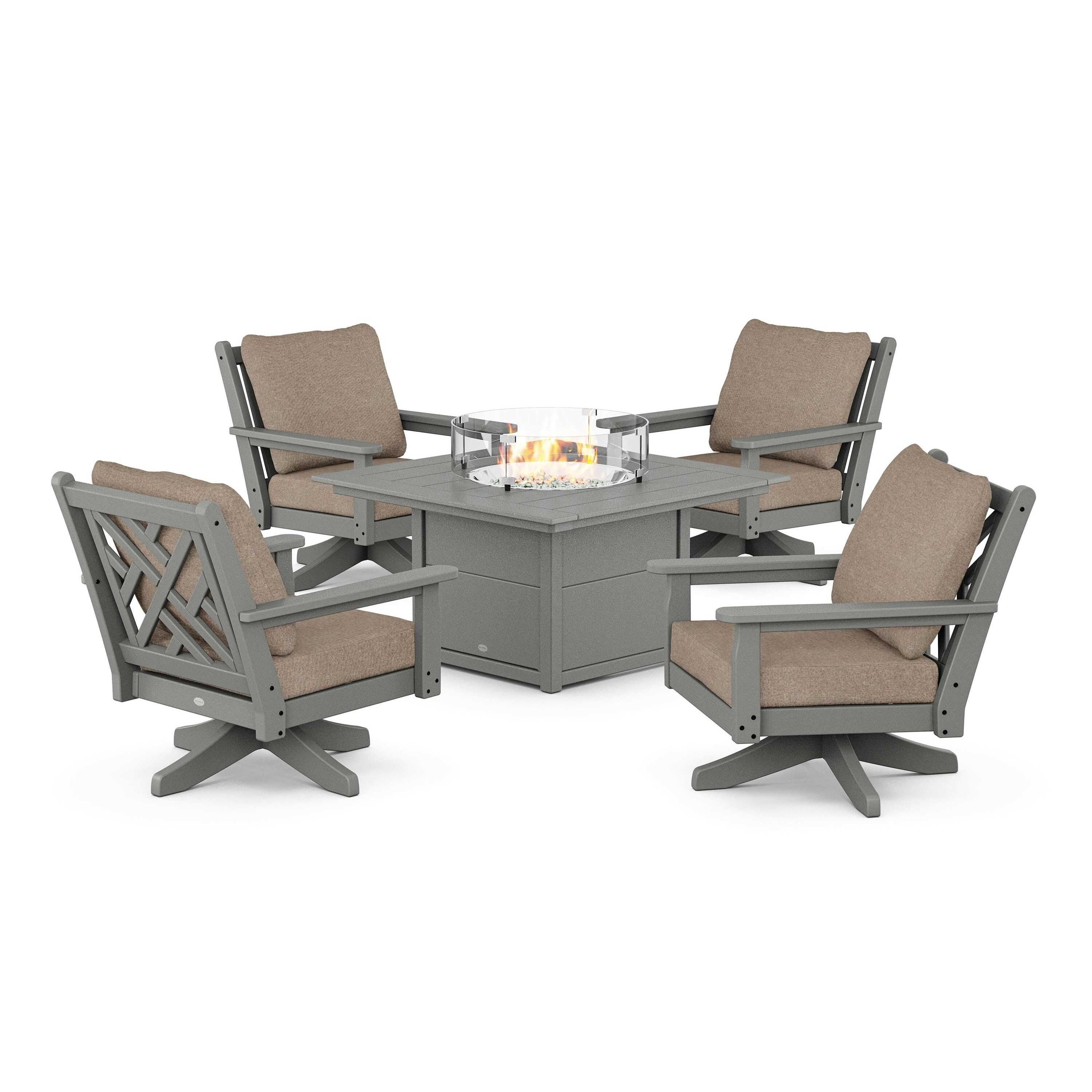 Chippendale 5-Piece Deep Seating Swivel Conversation Set with Fire Pit Table
