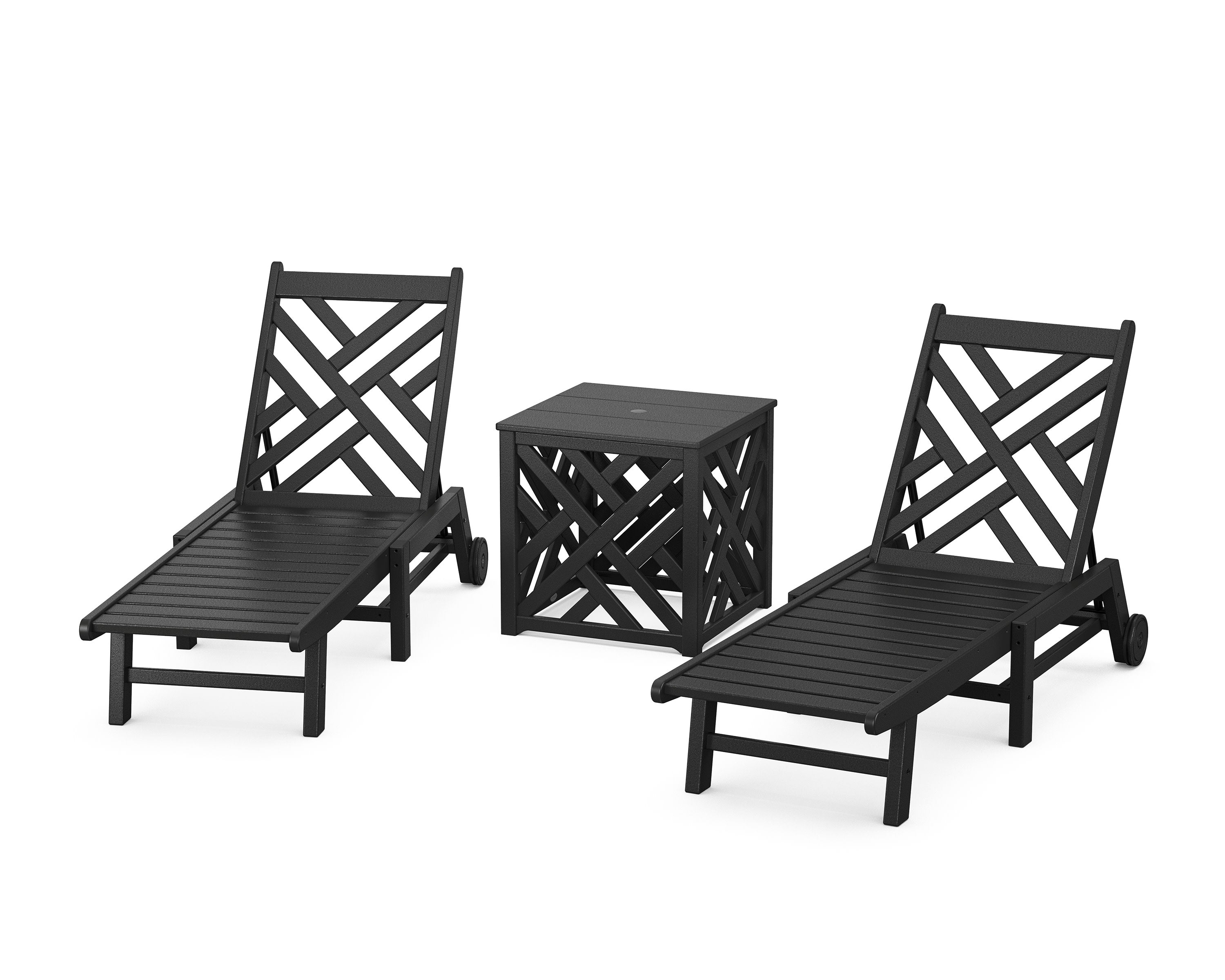 Chippendale 3-Piece Chaise Set with Wheels and Umbrella Stand Accent Table