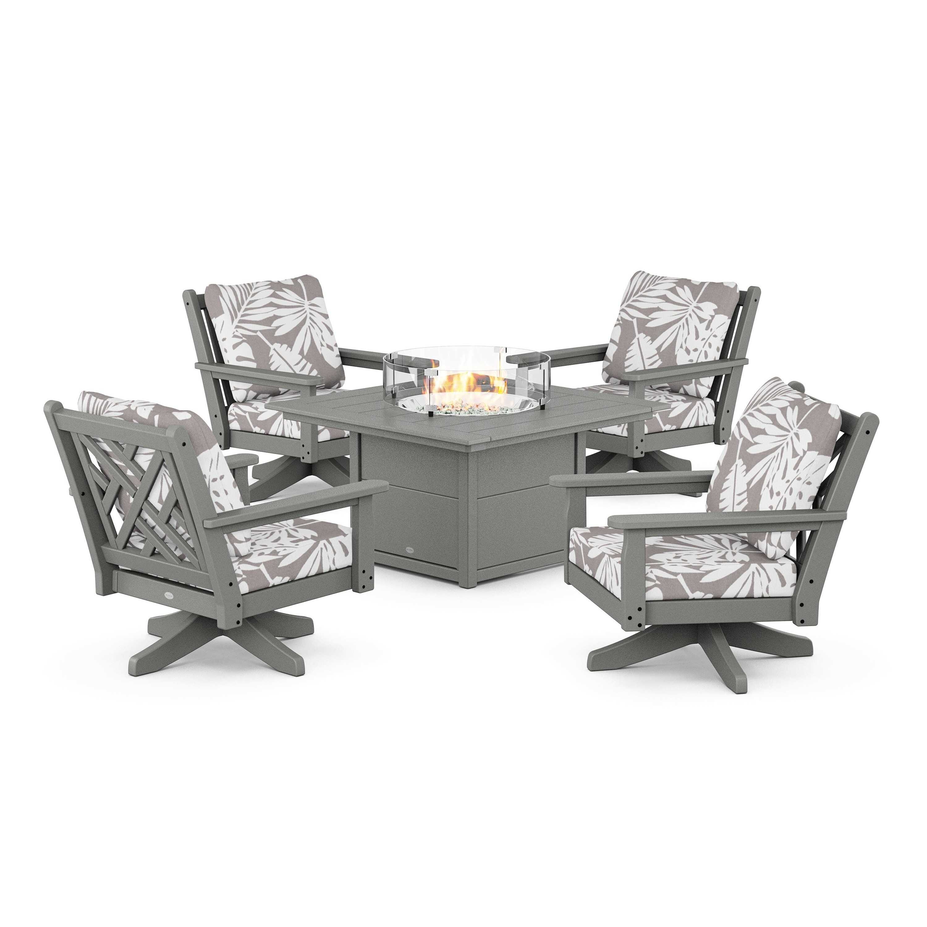 Chippendale 5-Piece Deep Seating Swivel Conversation Set with Fire Pit Table