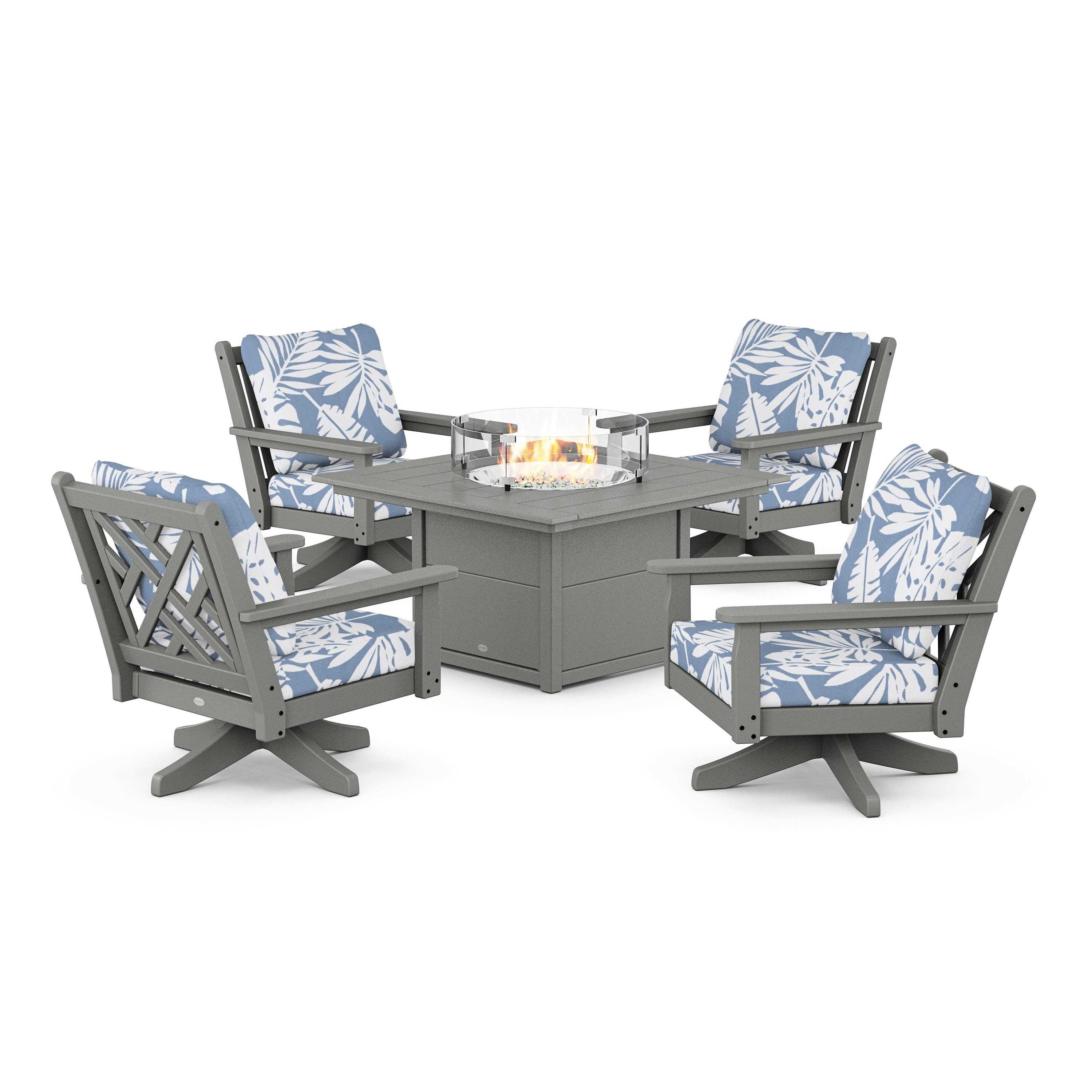 Chippendale 5-Piece Deep Seating Swivel Conversation Set with Fire Pit Table