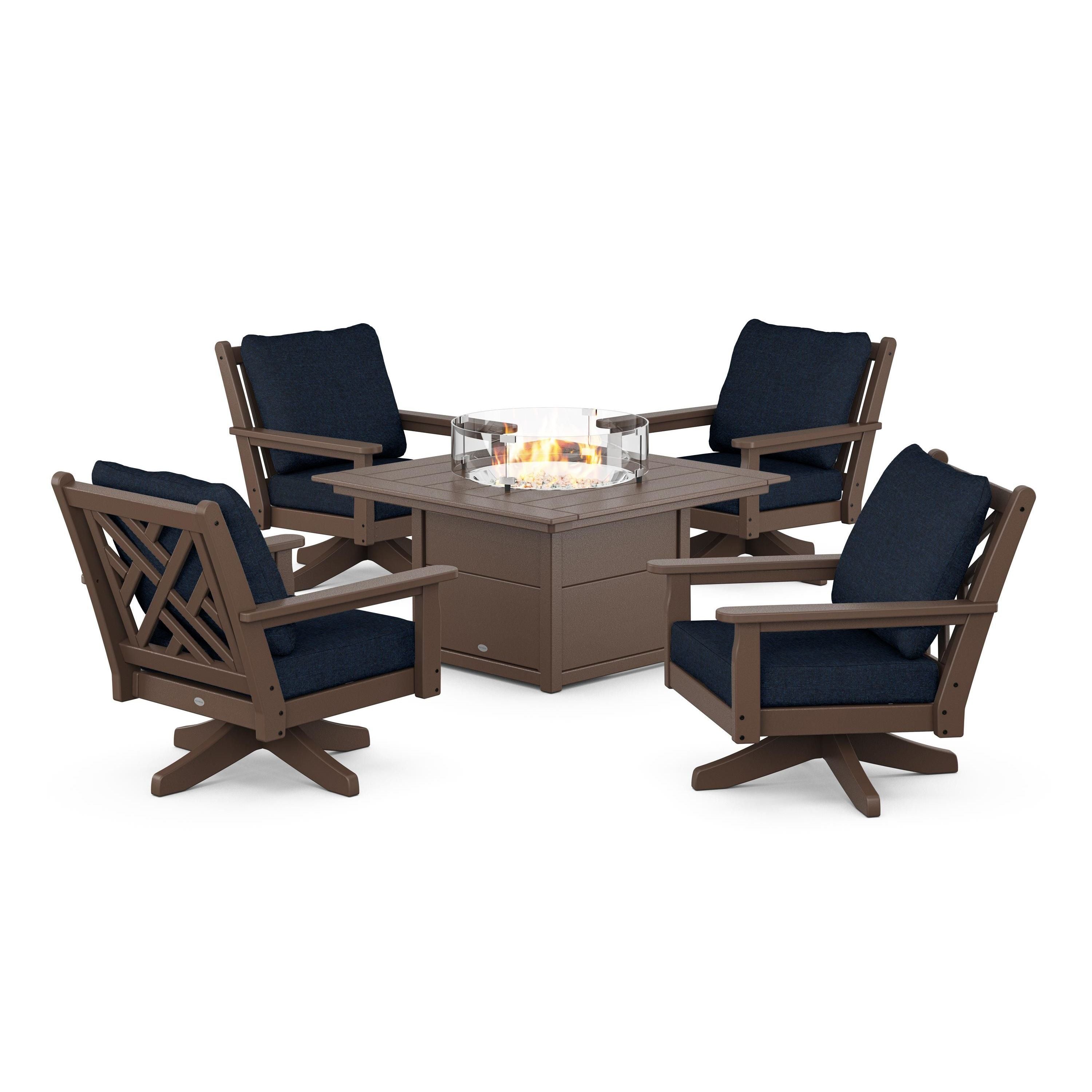 Chippendale 5-Piece Deep Seating Swivel Conversation Set with Fire Pit Table