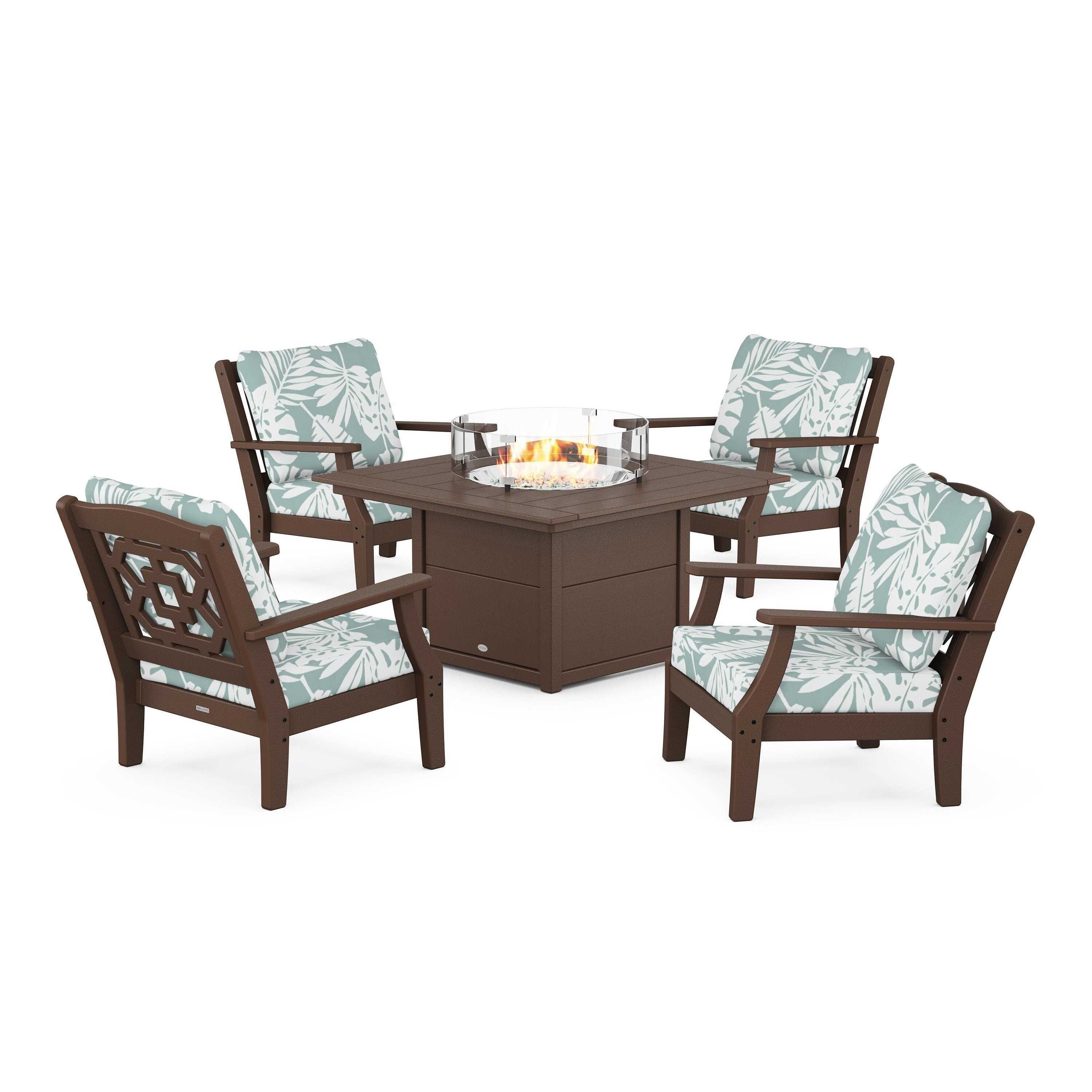 Chinoiserie 5-Piece Deep Seating Set with Fire Pit Table