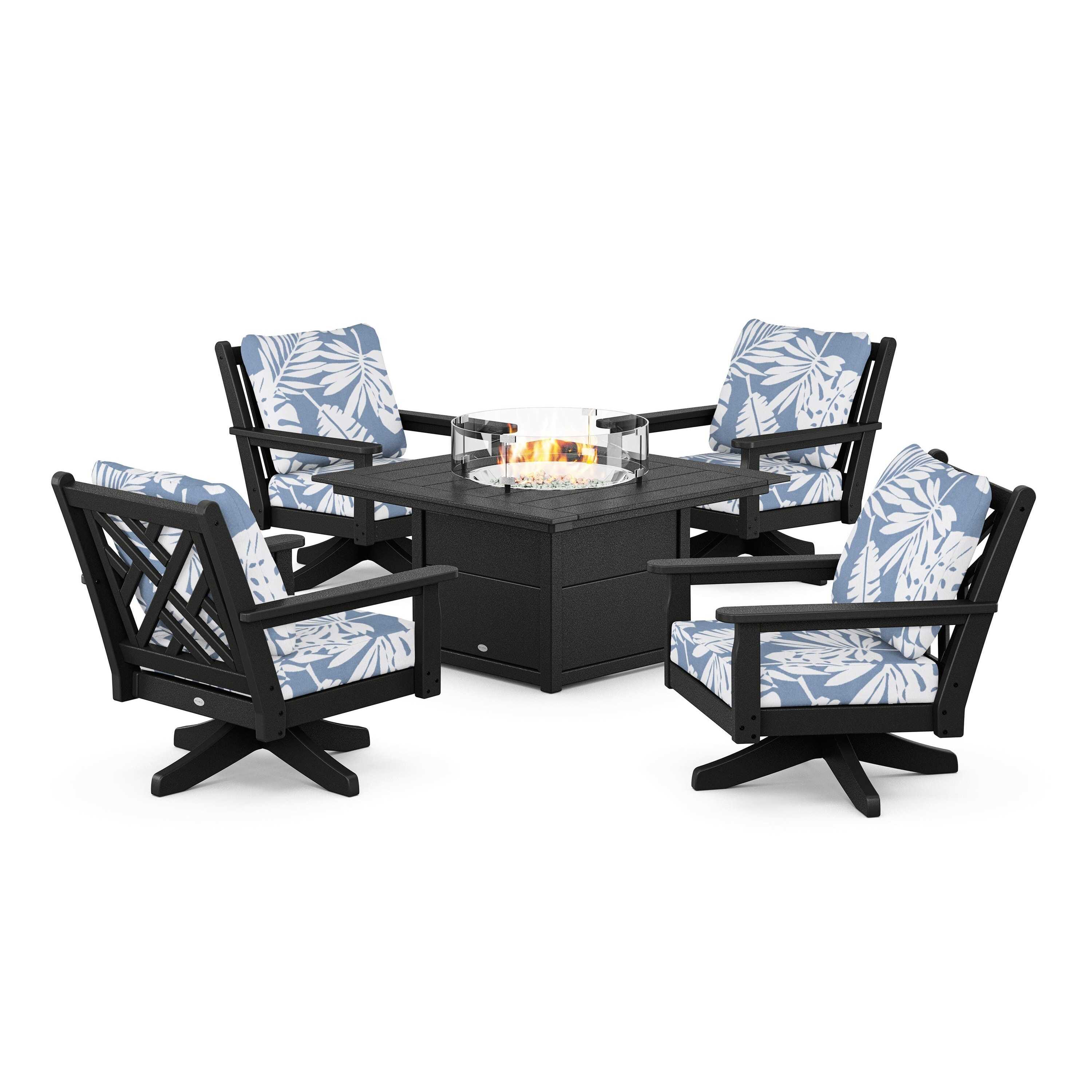 Chippendale 5-Piece Deep Seating Swivel Conversation Set with Fire Pit Table