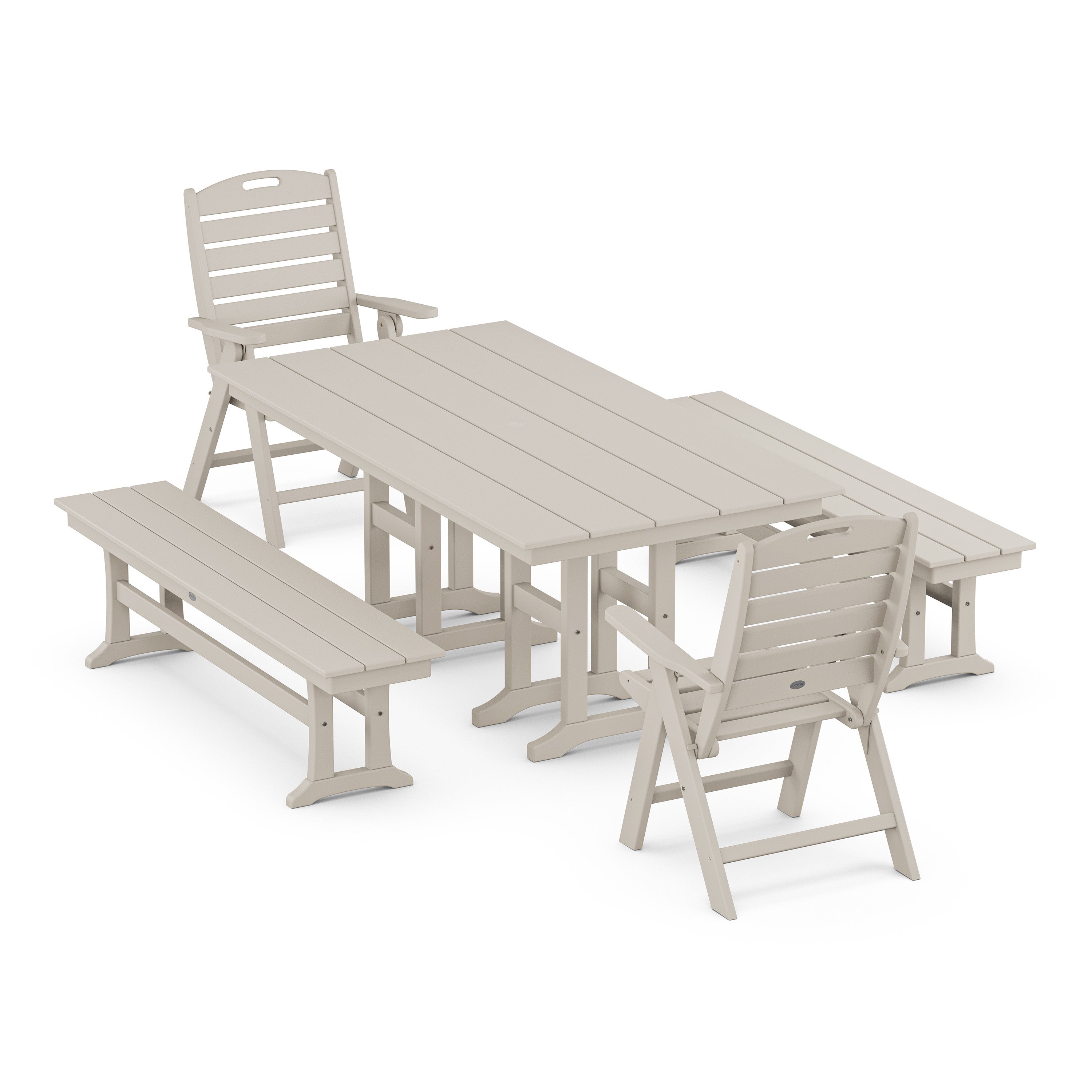 Nautical Highback 5-Piece Farmhouse Dining Set with Benches