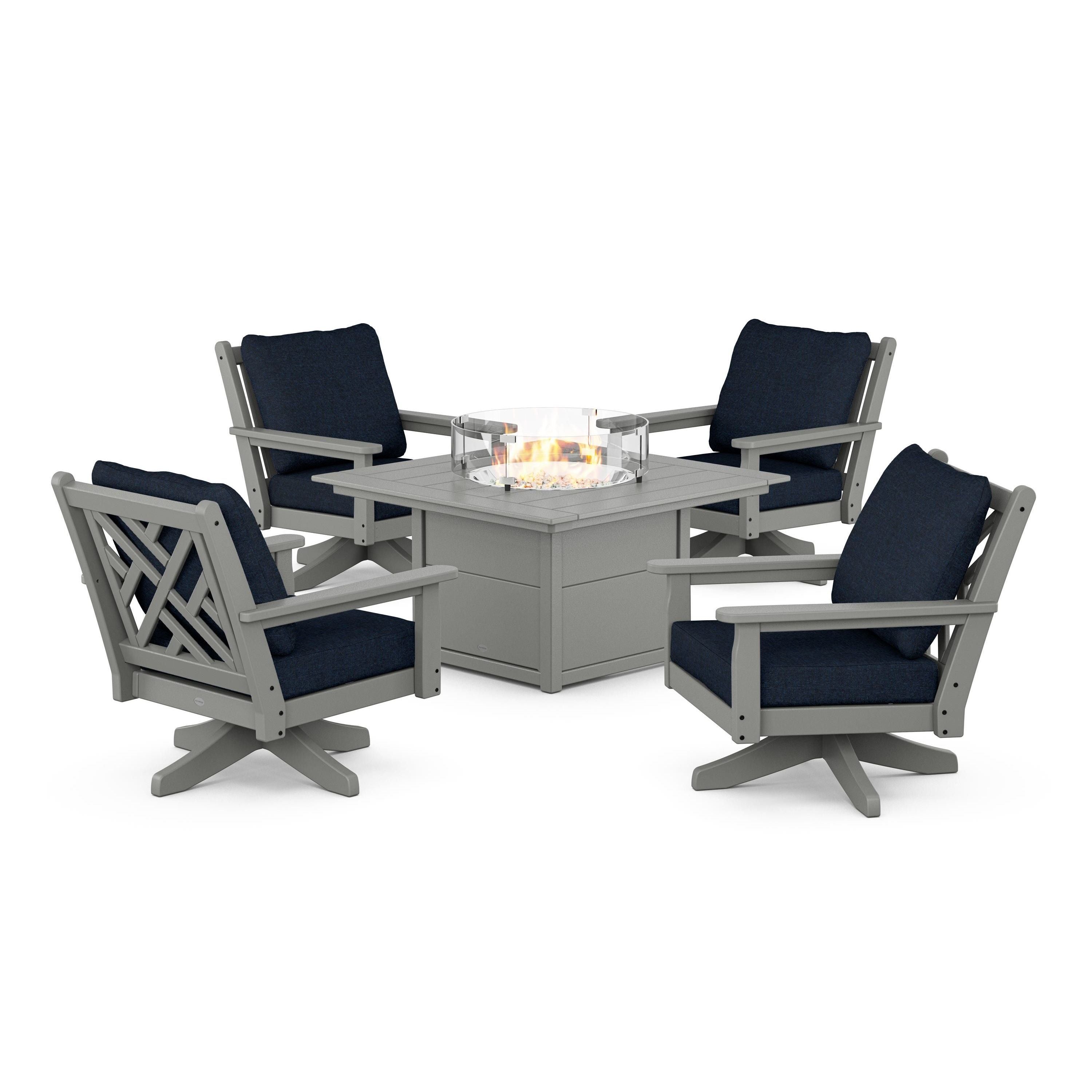 Chippendale 5-Piece Deep Seating Swivel Conversation Set with Fire Pit Table