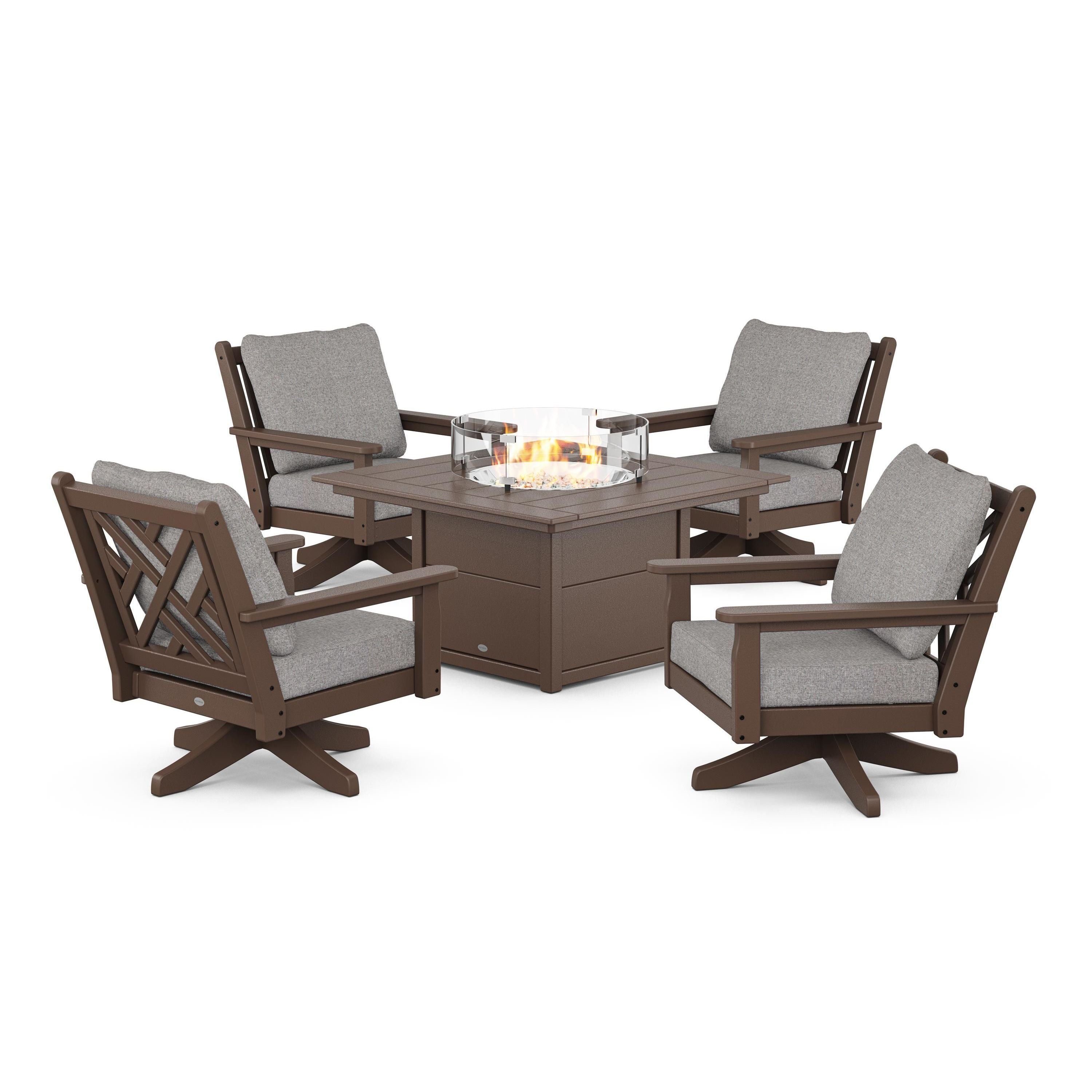 Chippendale 5-Piece Deep Seating Swivel Conversation Set with Fire Pit Table
