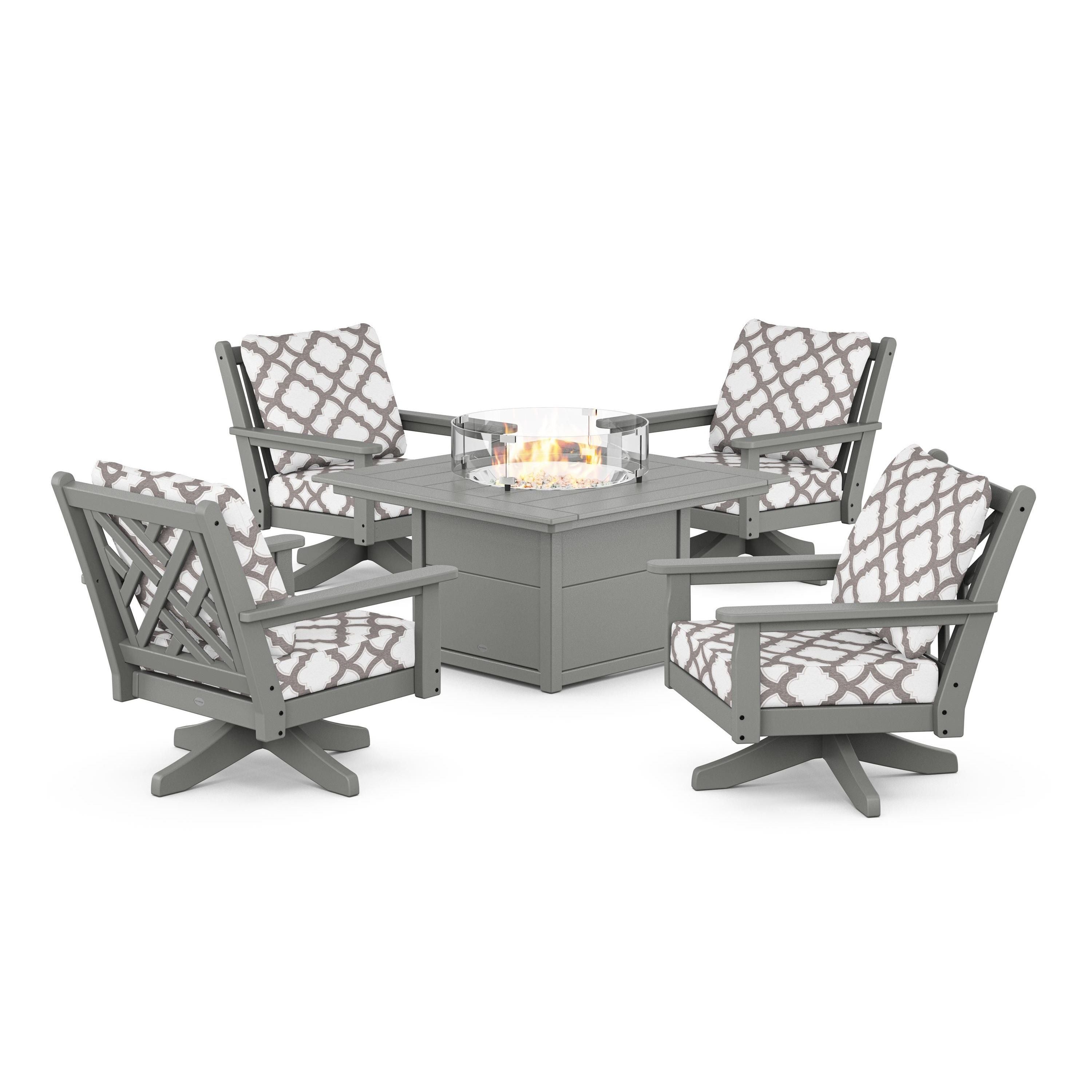 Chippendale 5-Piece Deep Seating Swivel Conversation Set with Fire Pit Table