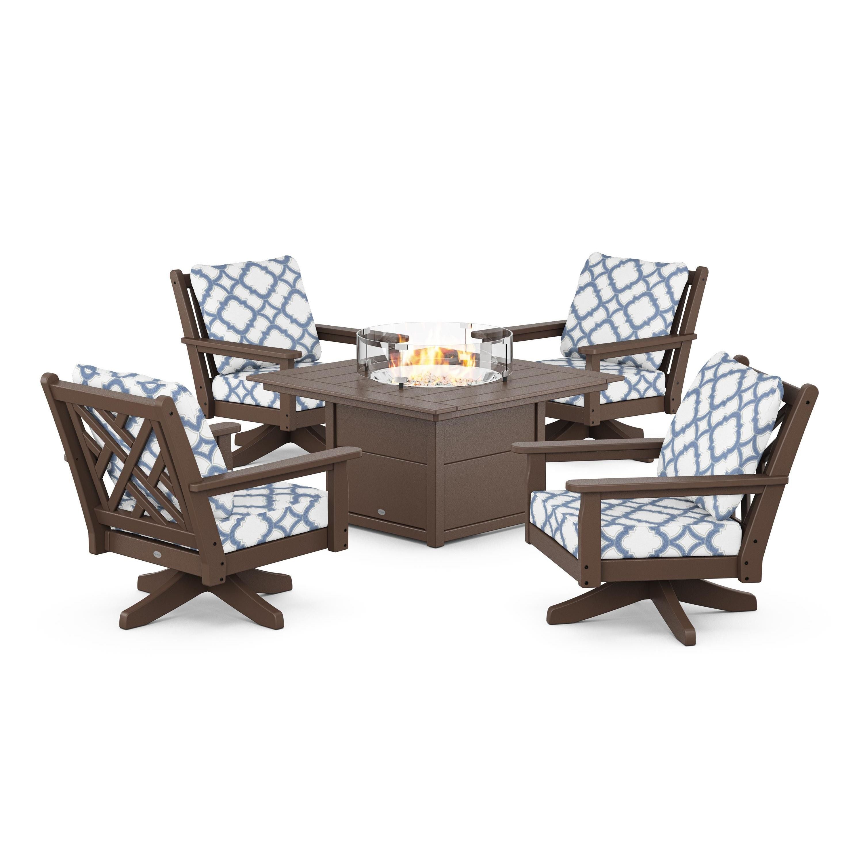 Chippendale 5-Piece Deep Seating Swivel Conversation Set with Fire Pit Table