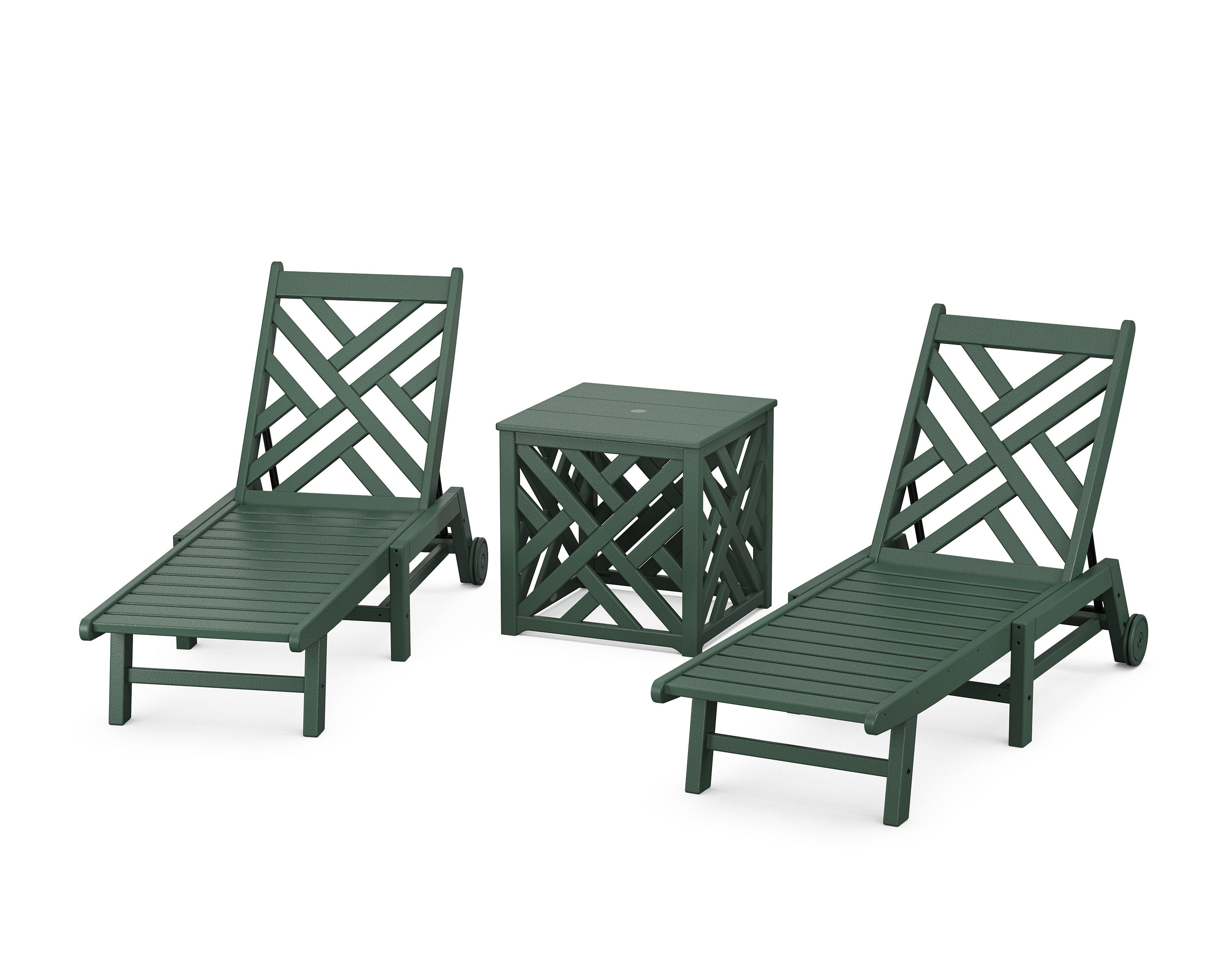 Chippendale 3-Piece Chaise Set with Wheels and Umbrella Stand Accent Table