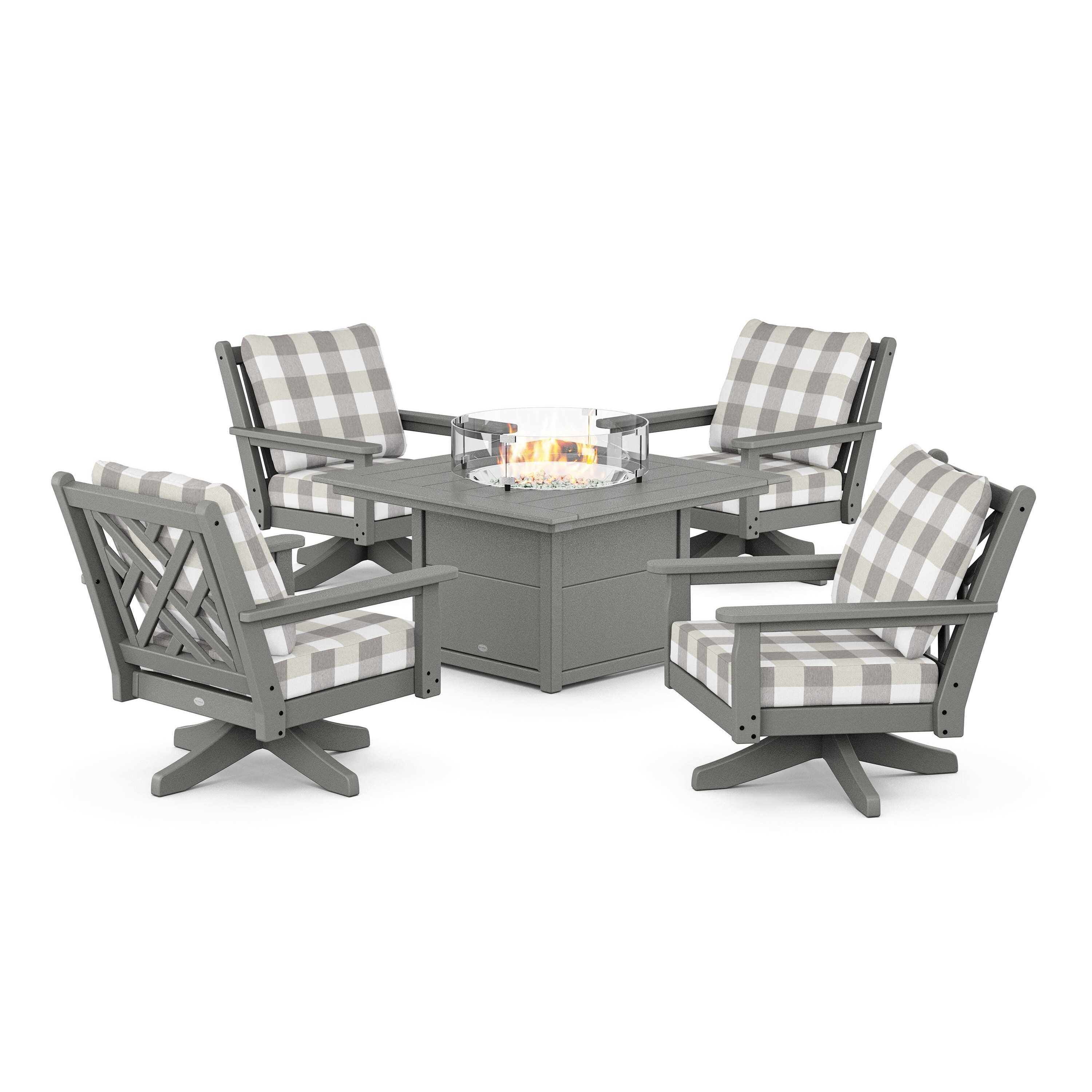 Chippendale 5-Piece Deep Seating Swivel Conversation Set with Fire Pit Table
